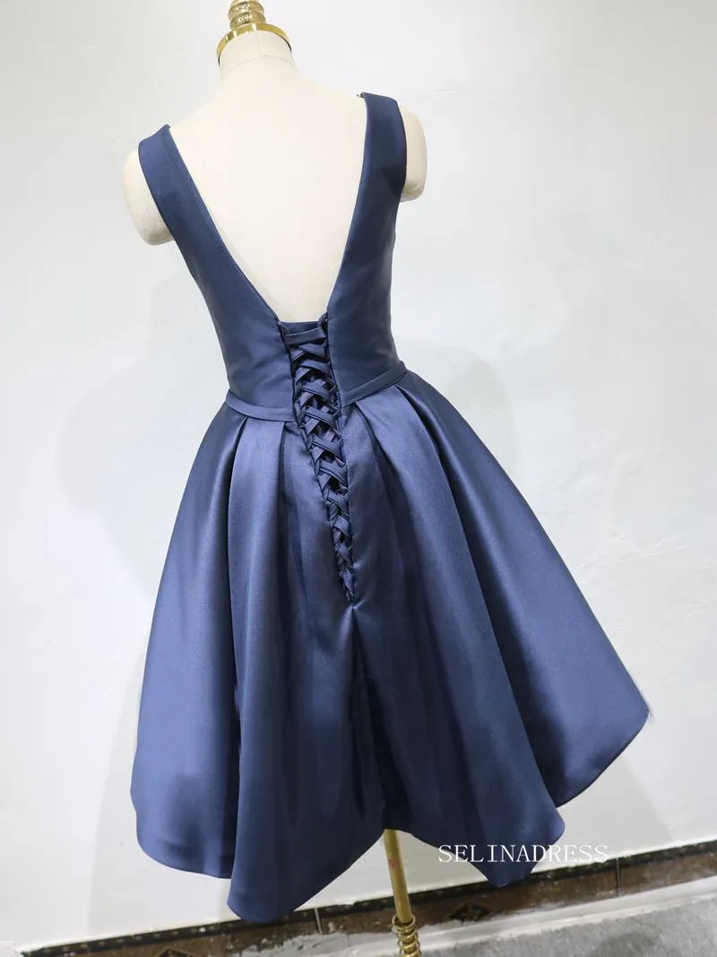 A-line Bateau Blue Short Homecoming Dress Satin Short Prom Dresses EDS037