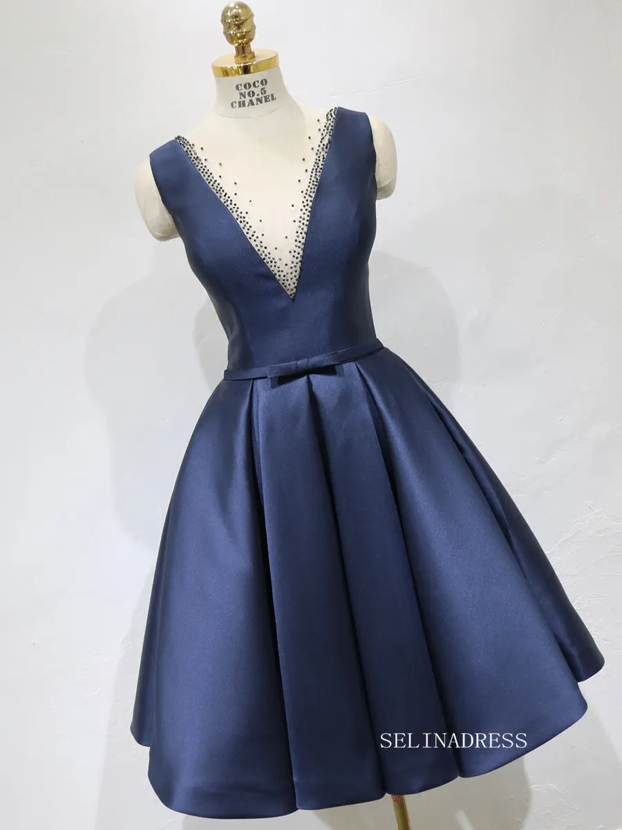 A-line Bateau Blue Short Homecoming Dress Satin Short Prom Dresses EDS037