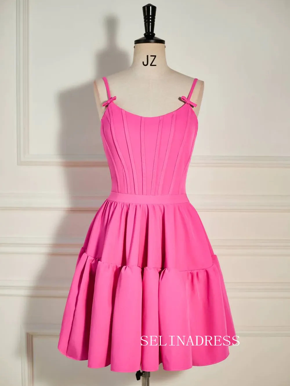 A-Line Hot Pink Straps Tiered Short Homecoming Dress SEA006