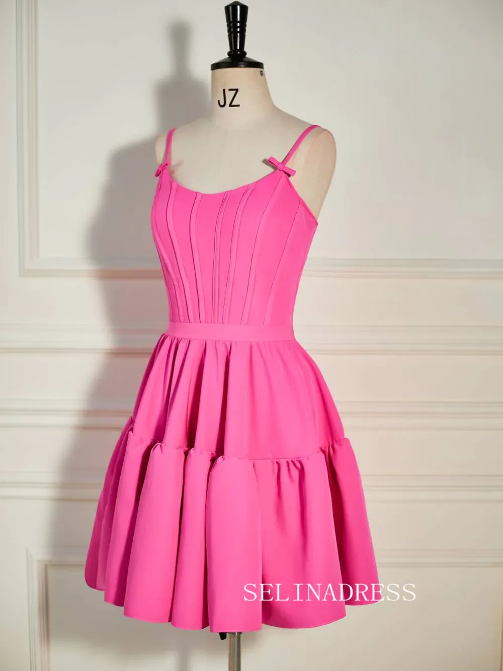 A-Line Hot Pink Straps Tiered Short Homecoming Dress SEA006