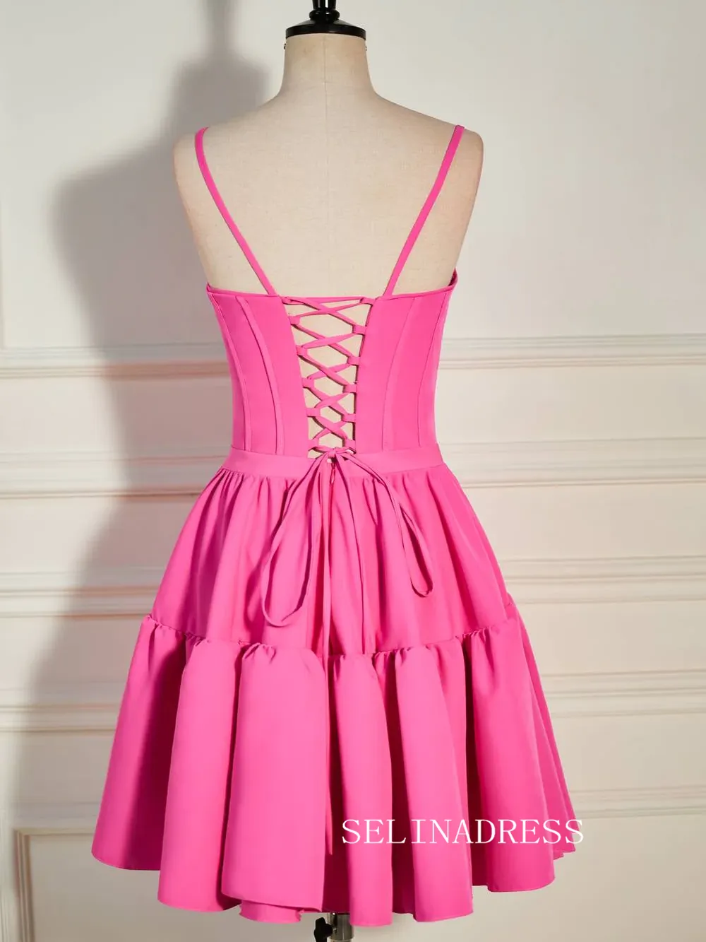 A-Line Hot Pink Straps Tiered Short Homecoming Dress SEA006