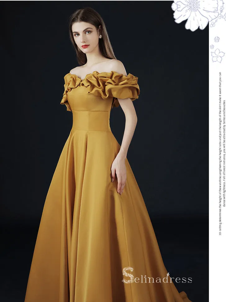 A-line Off-the-shoulder Yellow Long Prom Dress Simple Satin Evening Dresses GKF016