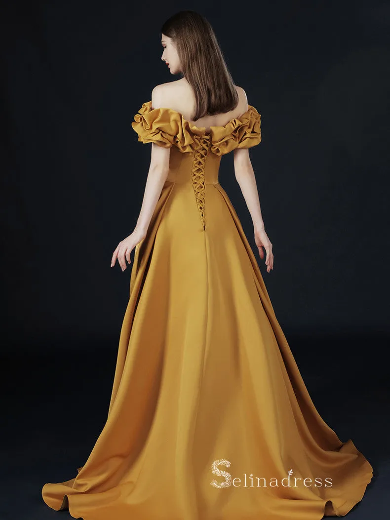 A-line Off-the-shoulder Yellow Long Prom Dress Simple Satin Evening Dresses GKF016