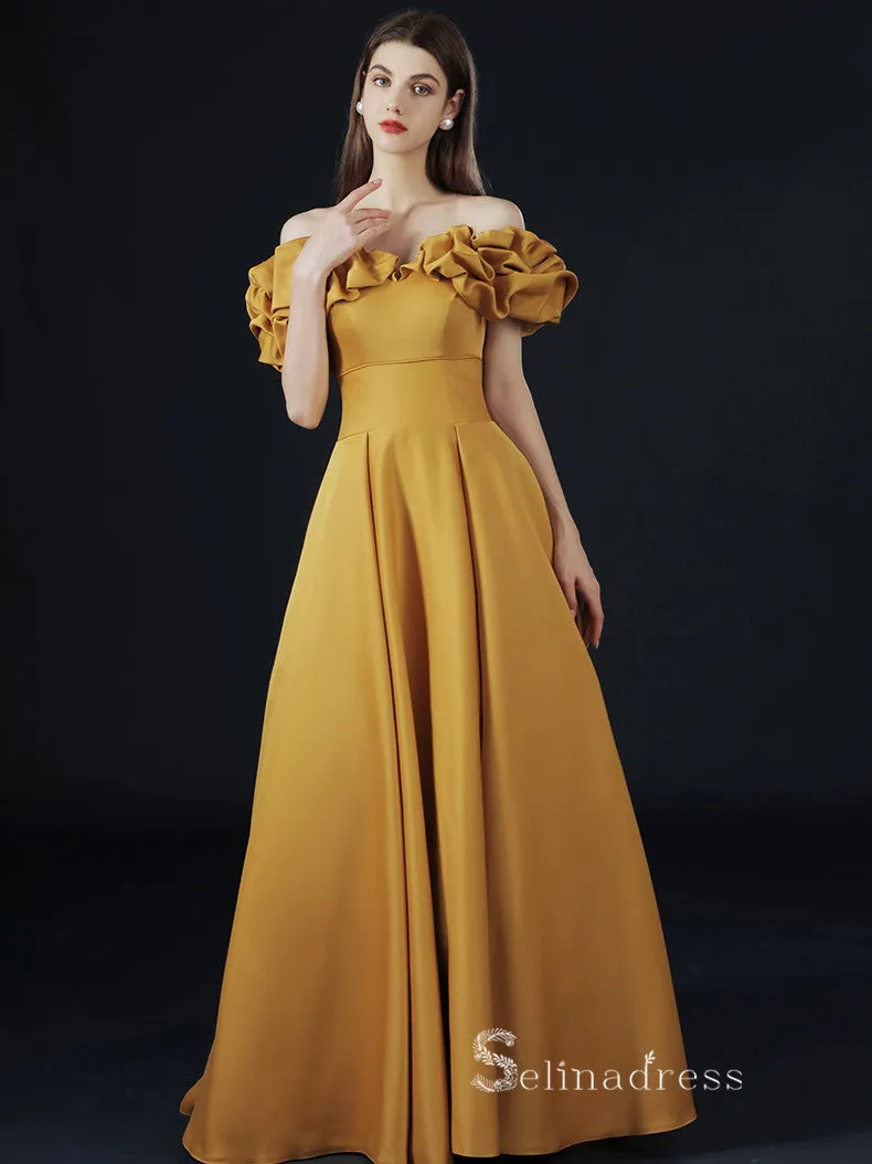 A-line Off-the-shoulder Yellow Long Prom Dress Simple Satin Evening Dresses GKF016