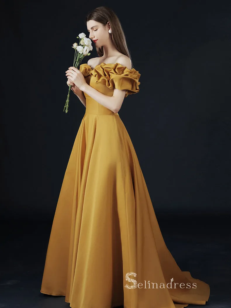 A-line Off-the-shoulder Yellow Long Prom Dress Simple Satin Evening Dresses GKF016