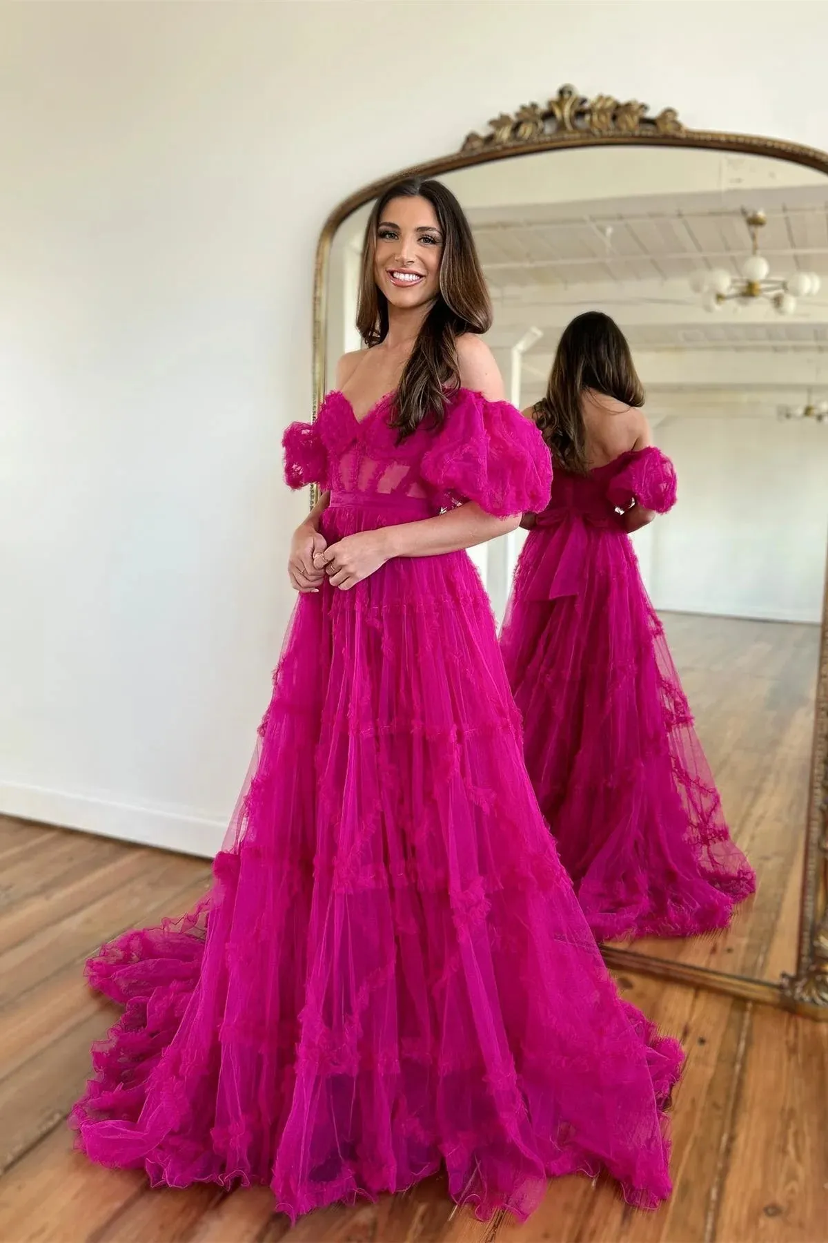 A-Line Princess Pink Off-the-Shoulder Tulle Long Prom Dress with Ruffles #JKSS04