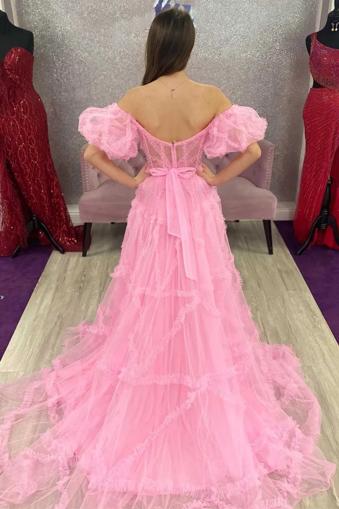 A-Line Princess Pink Off-the-Shoulder Tulle Long Prom Dress with Ruffles #JKSS04