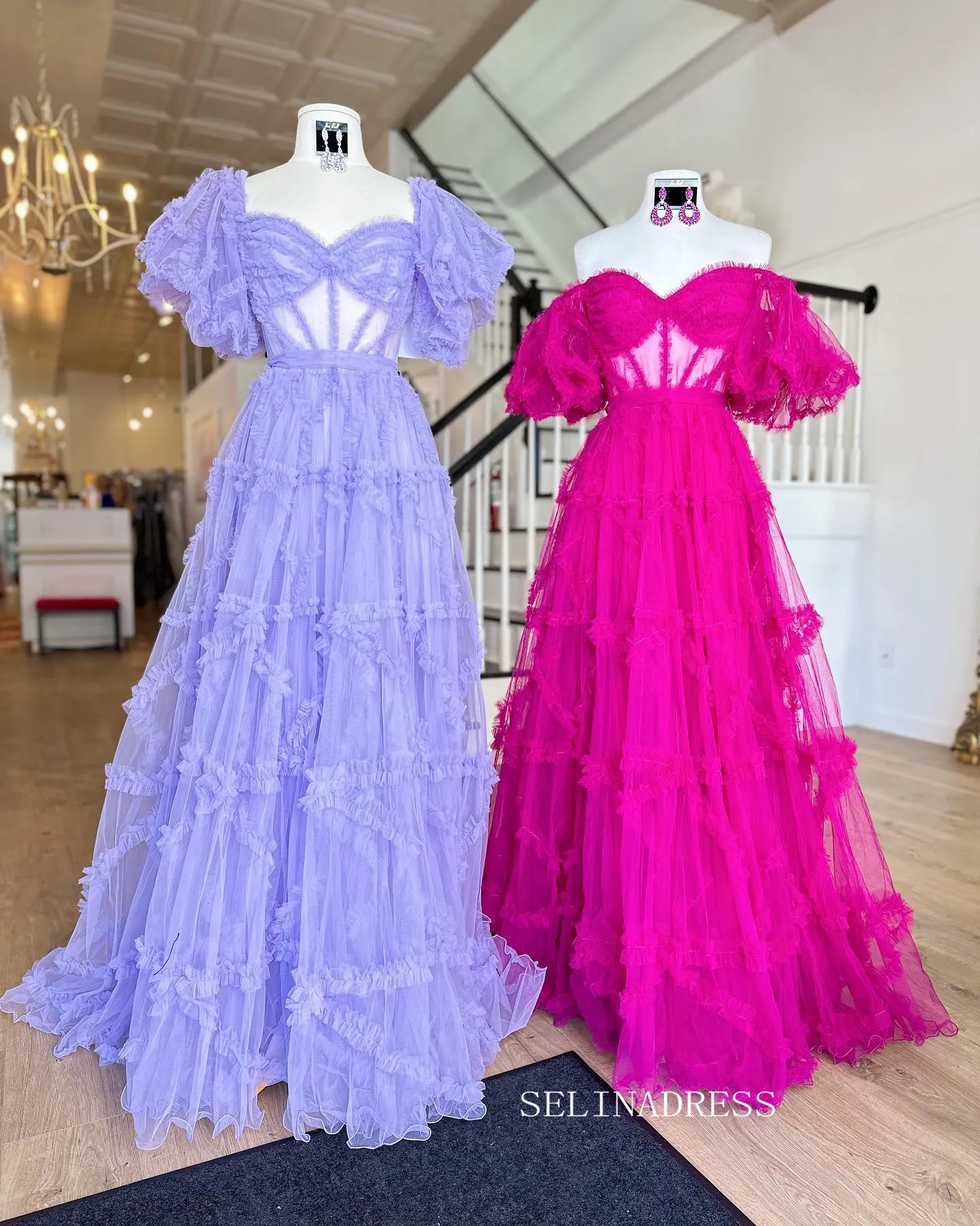 A-Line Princess Pink Off-the-Shoulder Tulle Long Prom Dress with Ruffles #JKSS04