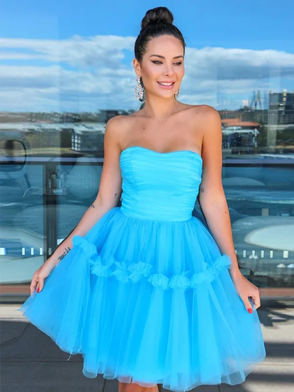 A-Line Princess Strapless Tulle Ruffles Short/Mini Homecoming Dresses #EWR166