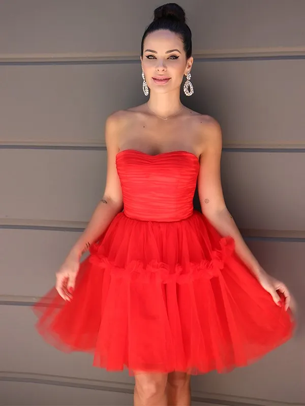 A-Line Princess Strapless Tulle Ruffles Short/Mini Homecoming Dresses #EWR166