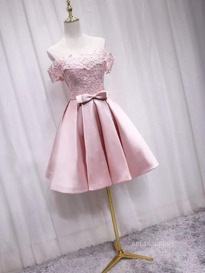 A-line Scoop Pink Lace Cute Homecoming Dress Short Prom Dresses EDS020