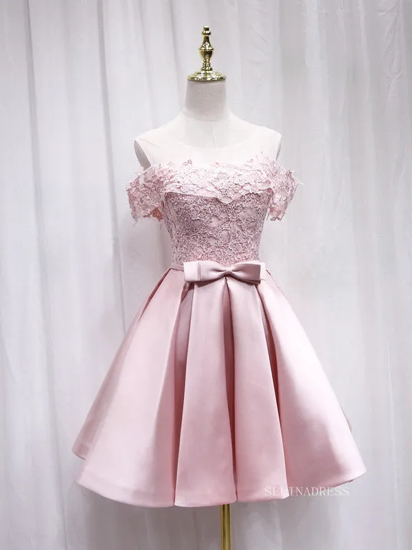 A-line Scoop Pink Lace Cute Homecoming Dress Short Prom Dresses EDS020