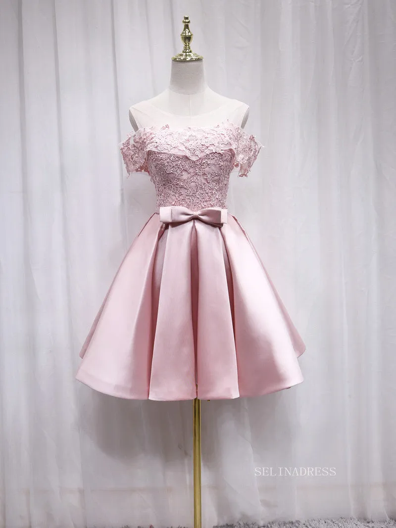 A-line Scoop Pink Lace Cute Homecoming Dress Short Prom Dresses EDS020