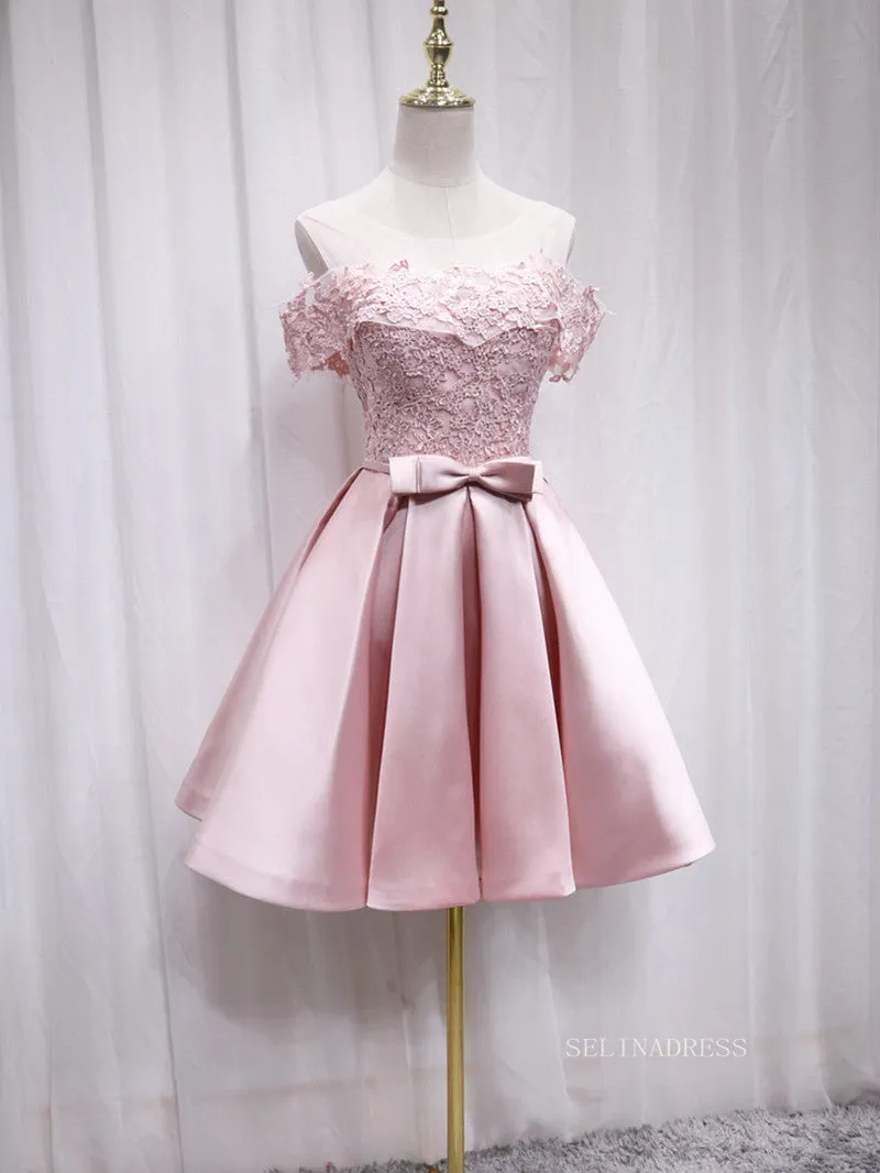 A-line Scoop Pink Lace Cute Homecoming Dress Short Prom Dresses EDS020