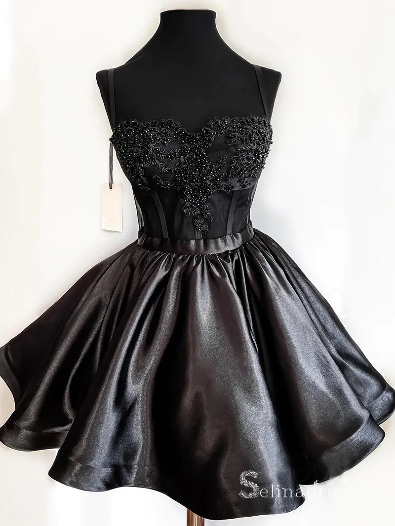 A-line Spaghetti Straps Black Short Prom Dress Beaded Homecoming Dresses Mini Party Dress MLK06167