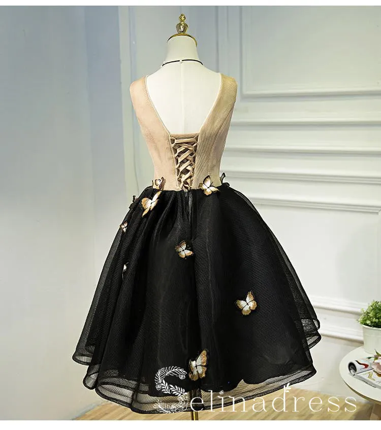 A-line V neck Elegant Tea Length Prom Dresses Butterfly Homecoming Dresses HML020