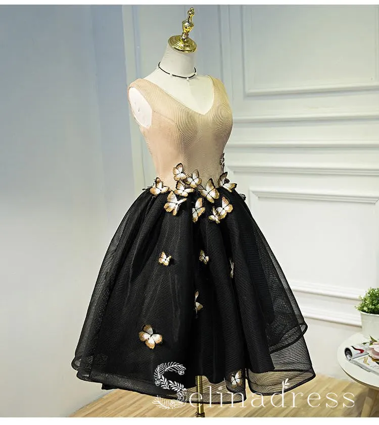 A-line V neck Elegant Tea Length Prom Dresses Butterfly Homecoming Dresses HML020