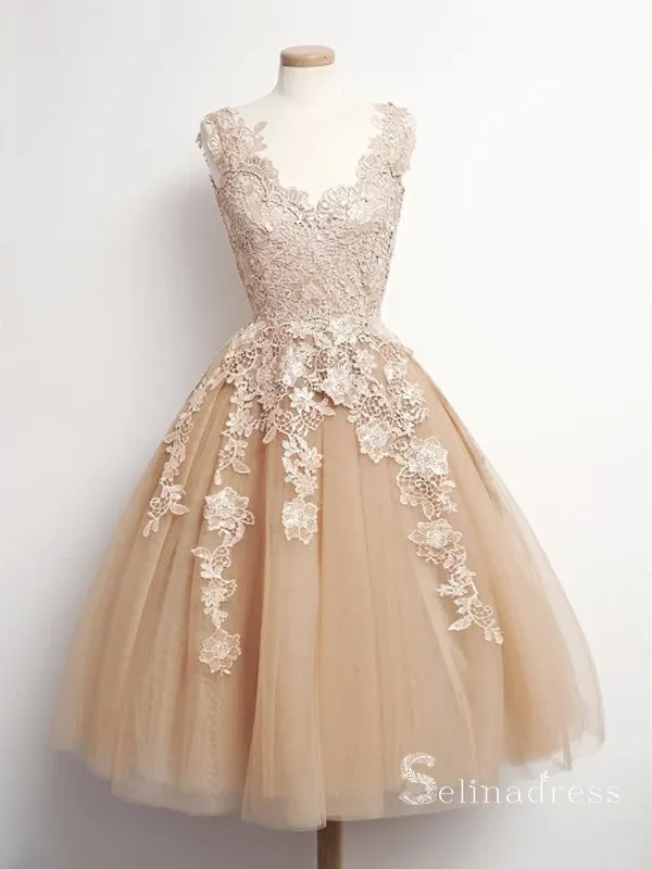 A-line V-Neck Knee Length Champagne Tulle Homecoming Dress Short Prom Dresses #MHL055