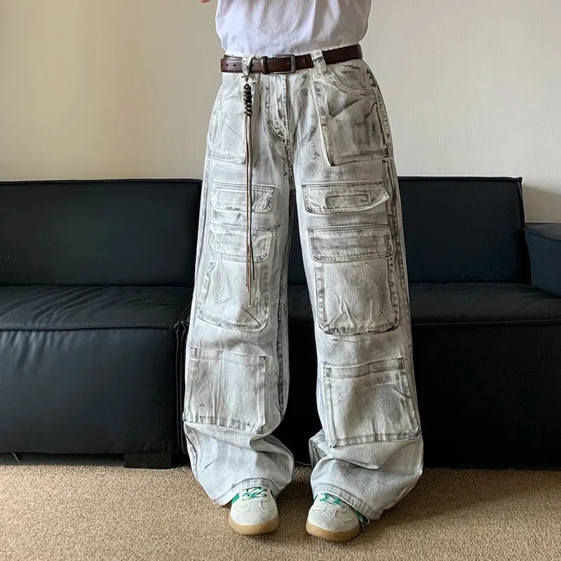 American Style Multi Pocket Straight Workwear Jeans Men High Street Wide Leg Denim Pants Vintage Male Trousers 24E1021