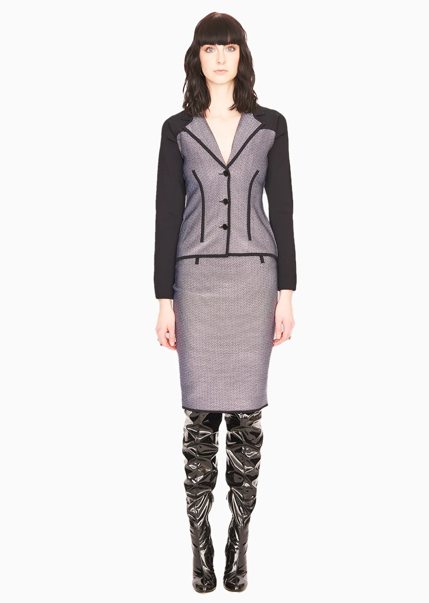 Aurore - Grey Tweed Pencil Skirt with Black Details