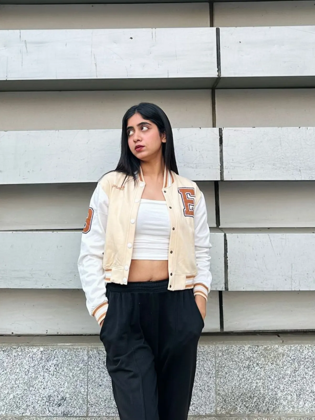 Beige crop varsity jacket