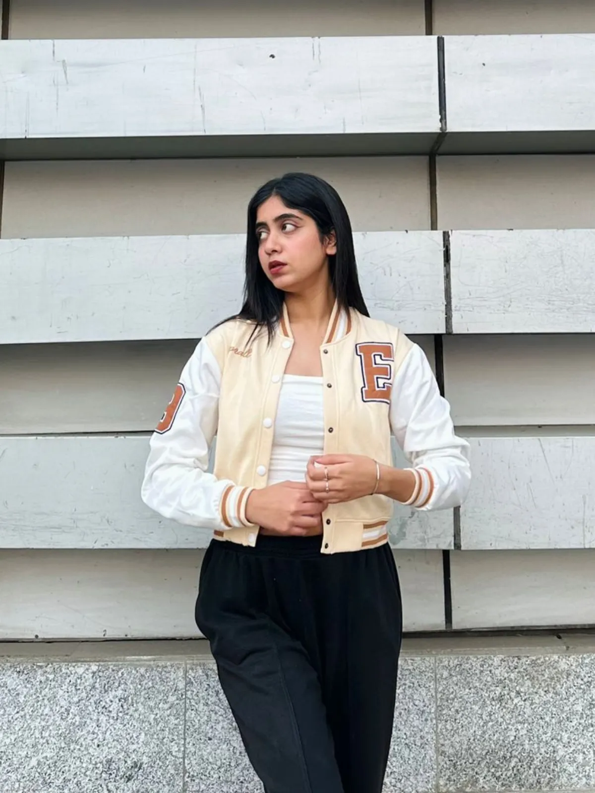 Beige crop varsity jacket