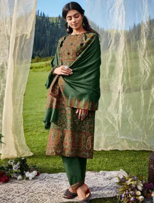 Belliza Woolen Pashmina Unstitched Green Winter Suit for Women