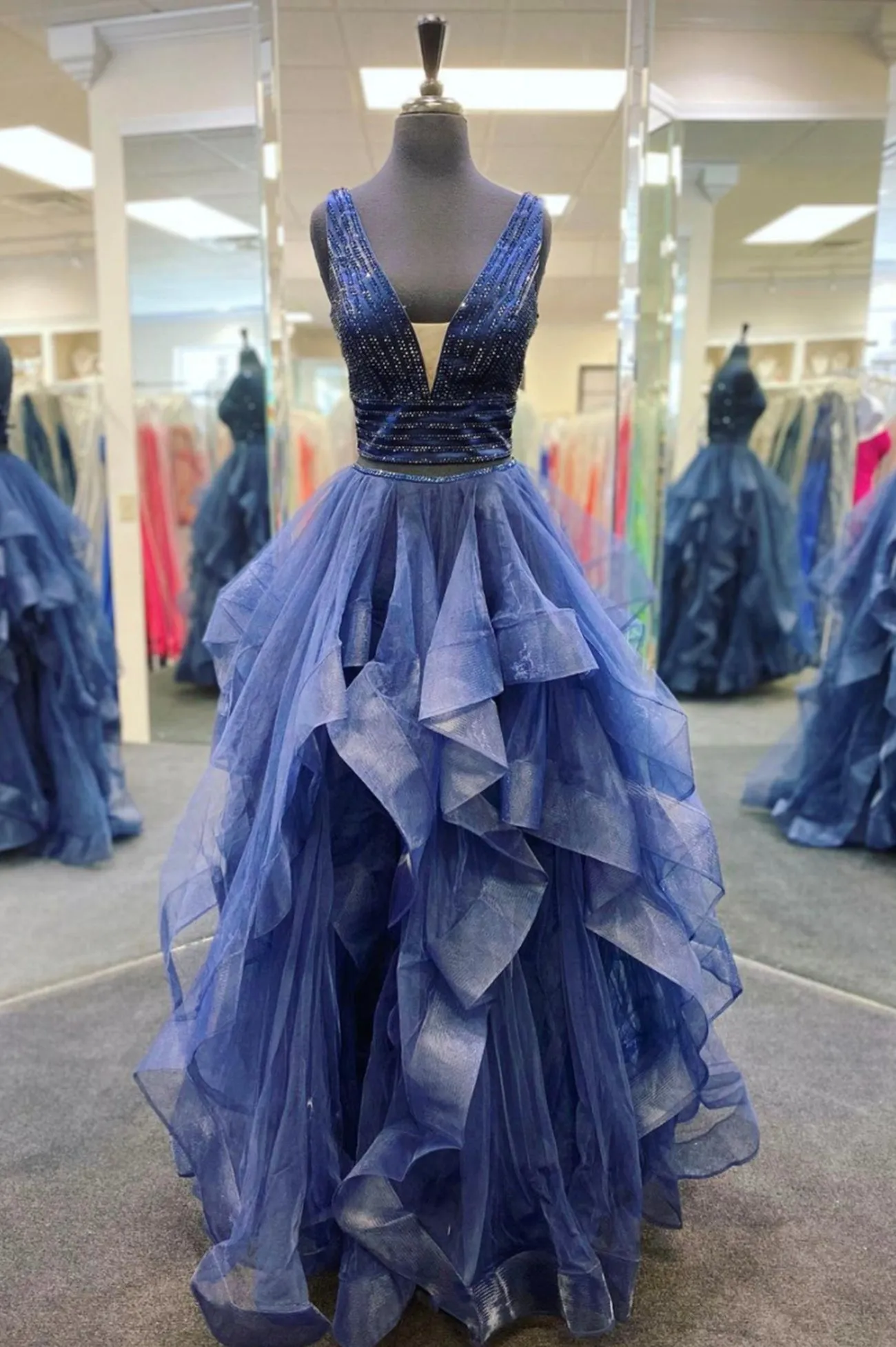 Blue Tulle Beading Long Prom Dresses A-Line Two Pieces Evening Dresses