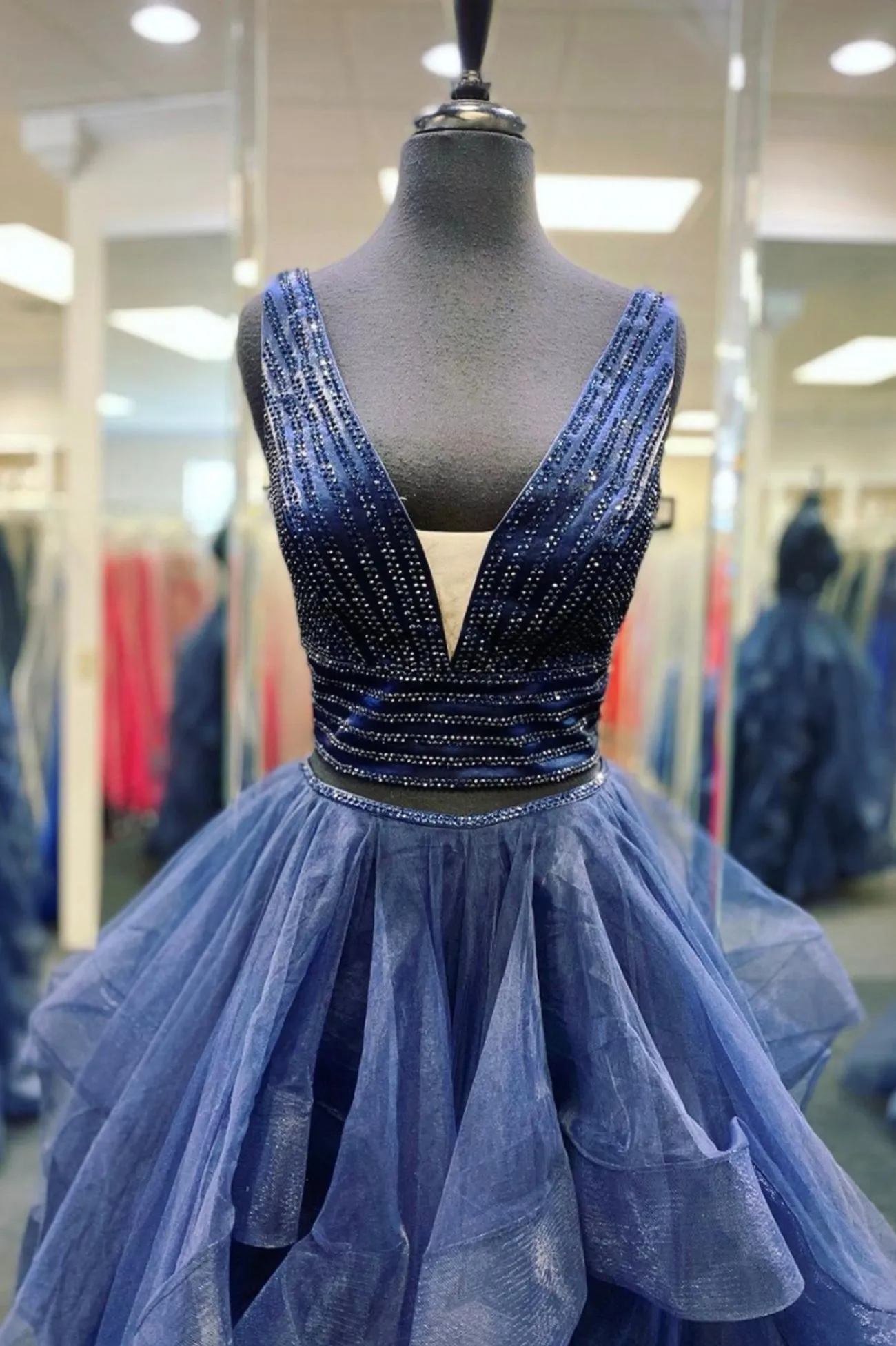 Blue Tulle Beading Long Prom Dresses A-Line Two Pieces Evening Dresses