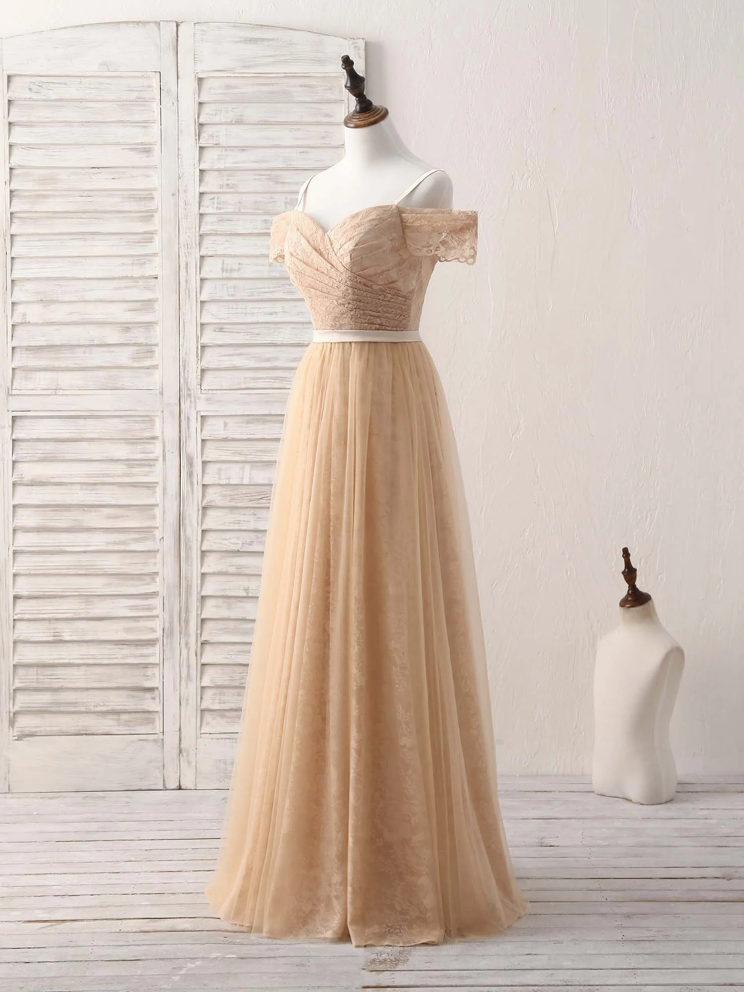 Champagne Tulle Long Bridesmaid Dress, Champagne Prom Dresses