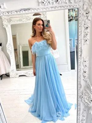 Chic A-line Light Sky Blue Chiffon Feather Long Prom Dresses Evening Dresses MLH2009