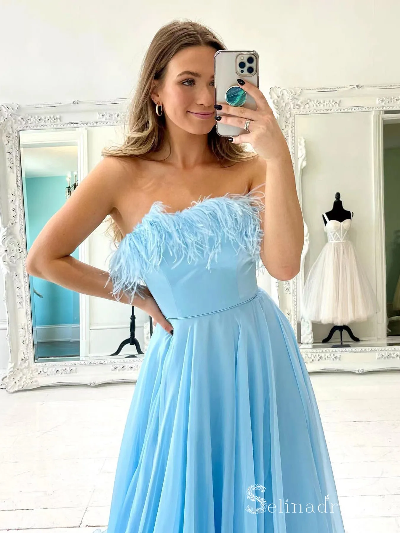 Chic A-line Light Sky Blue Chiffon Feather Long Prom Dresses Evening Dresses MLH2009