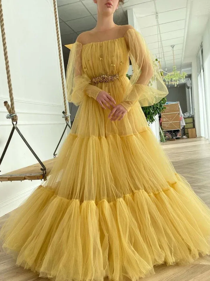 Chic A-line Long Sleeve Prom Dresses Elegant Yellow Evening Formal Gowns SEW0180