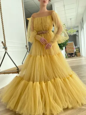 Chic A-line Long Sleeve Prom Dresses Elegant Yellow Evening Formal Gowns SEW0180