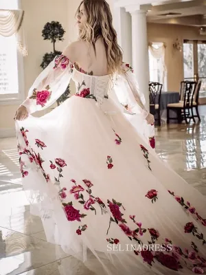 Chic A-line Off-the-shoulder Long Prom Dress Photography Costumes With Floral Long Puff Sleeve Cheap Formal Dress JKSS516