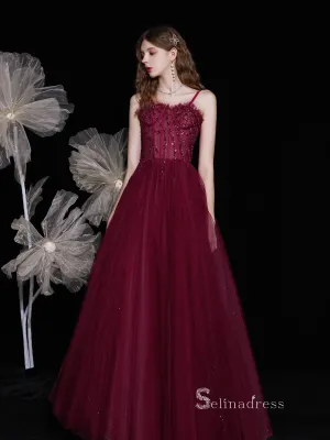 Chic A-line Spaghetti Straps Burgundy Long Prom Dresses Unique Formal Gowns CBD116