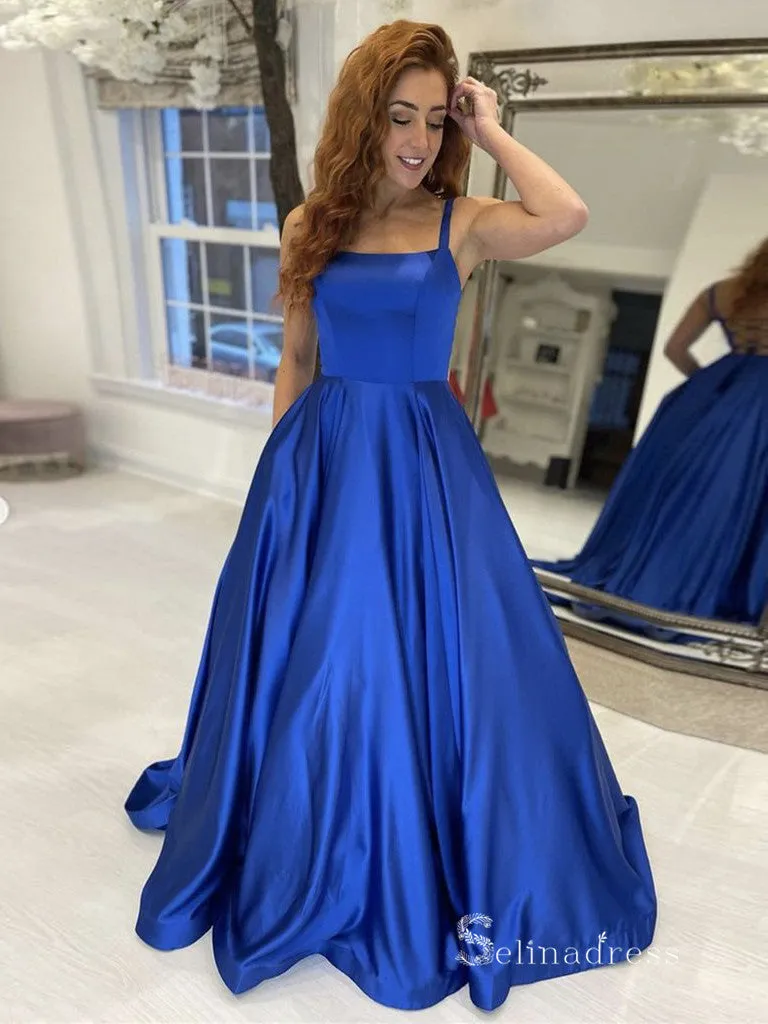 Chic A-line Square Royal Blue Long Prom Dresses Satin Evening Gowns CBD583