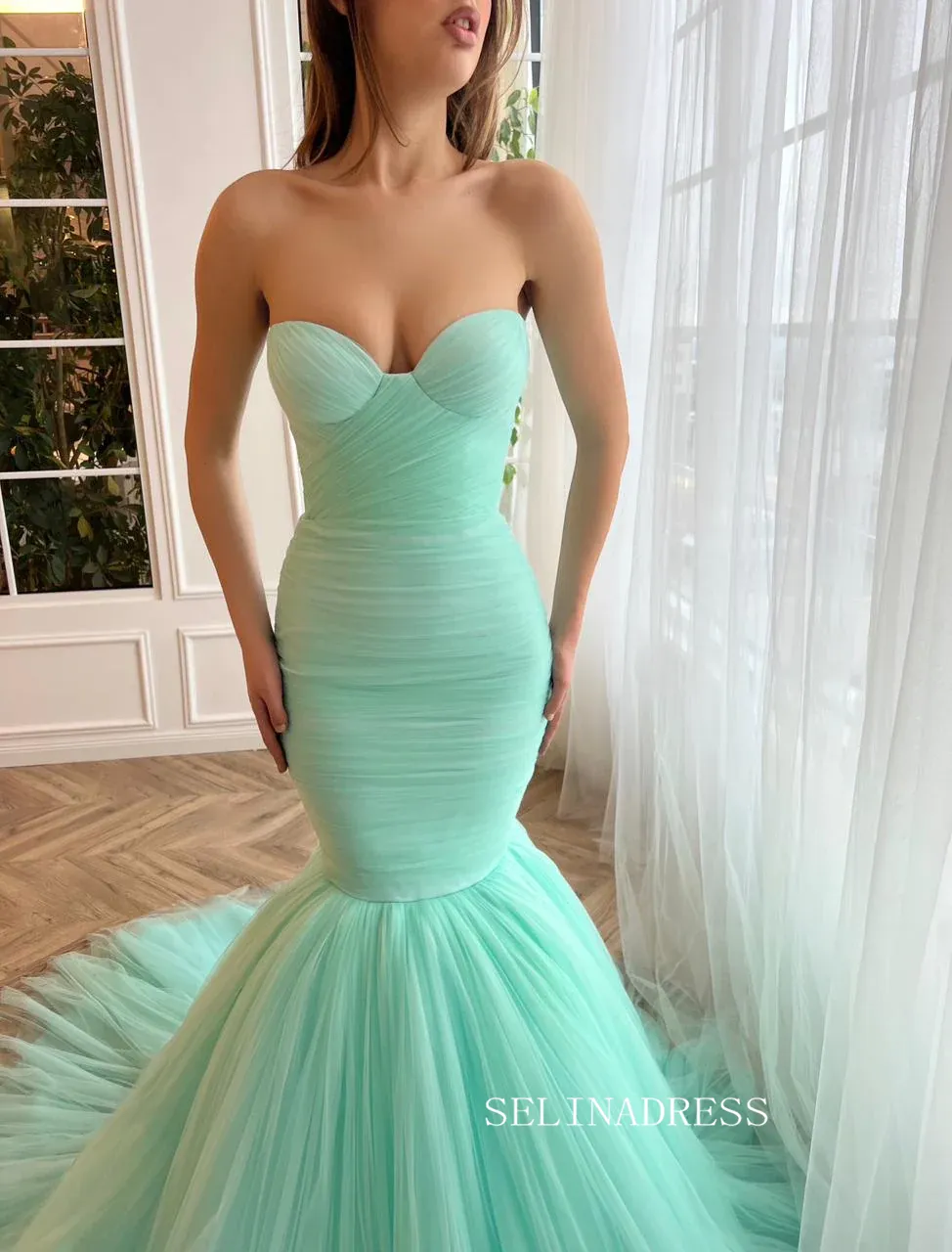 Chic Mermaid Sweetheart Long Prom Dresses Tulle Mint Green Evening Dresses jkw230