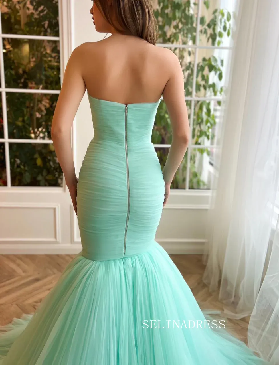 Chic Mermaid Sweetheart Long Prom Dresses Tulle Mint Green Evening Dresses jkw230