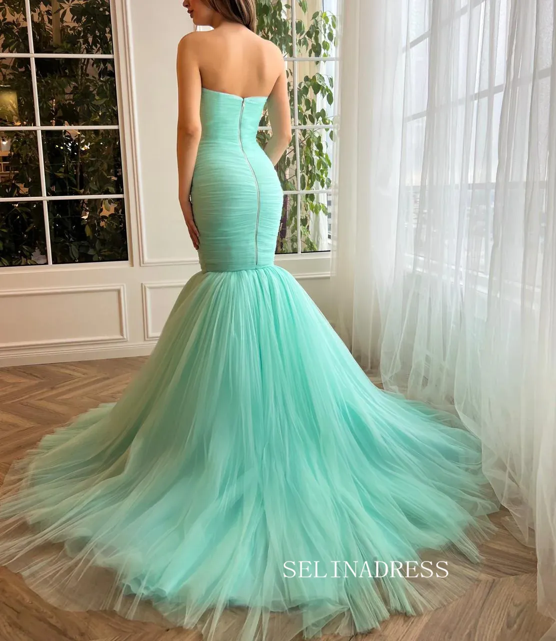 Chic Mermaid Sweetheart Long Prom Dresses Tulle Mint Green Evening Dresses jkw230