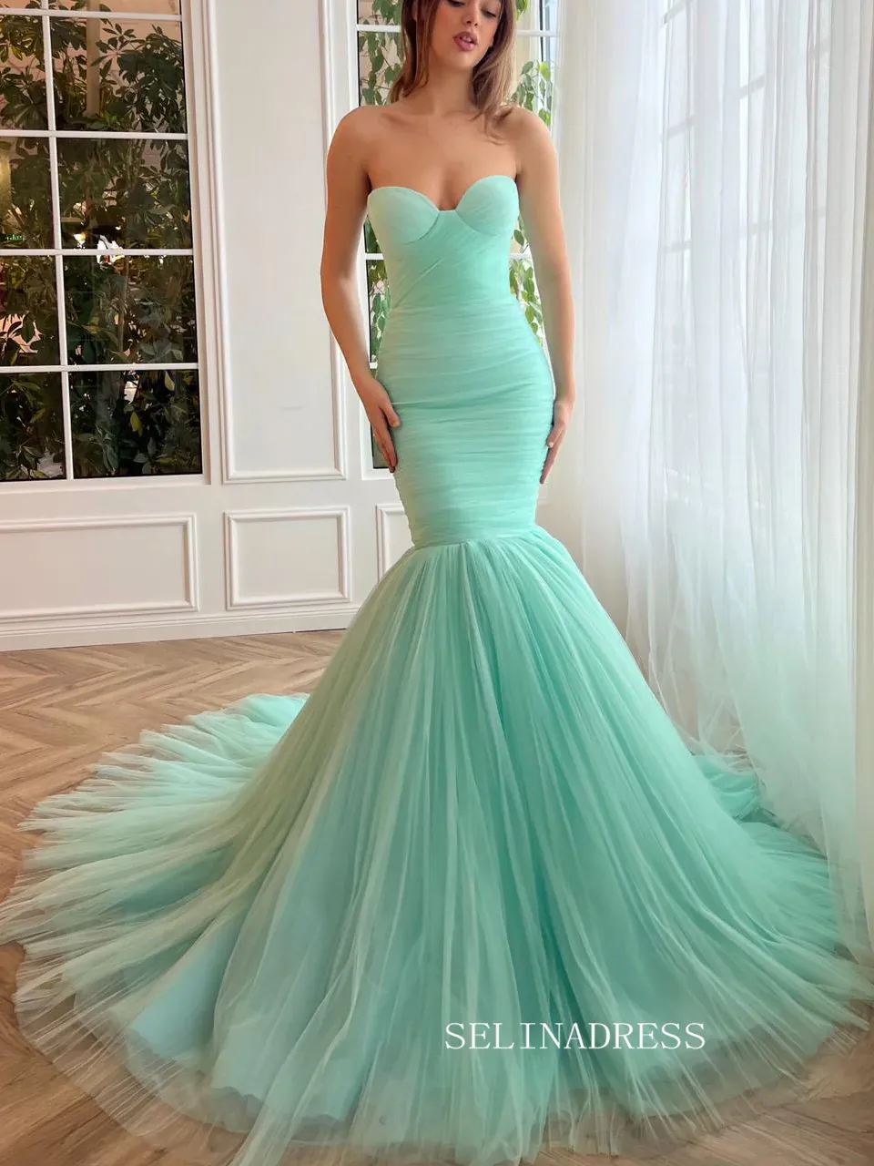 Chic Mermaid Sweetheart Long Prom Dresses Tulle Mint Green Evening Dresses jkw230