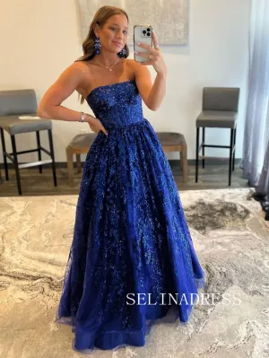 Chic Strapless Sequins Lace Long Prom Dresses Gorgeous Royal Blue Evening Dress TKH026