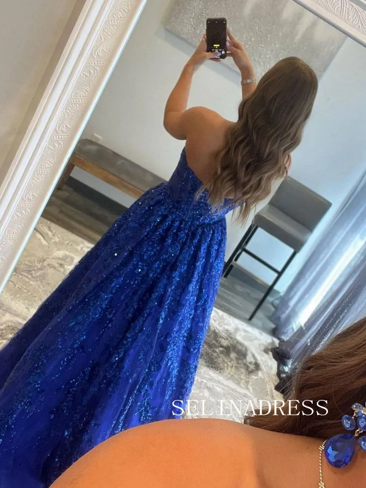 Chic Strapless Sequins Lace Long Prom Dresses Gorgeous Royal Blue Evening Dress TKH026