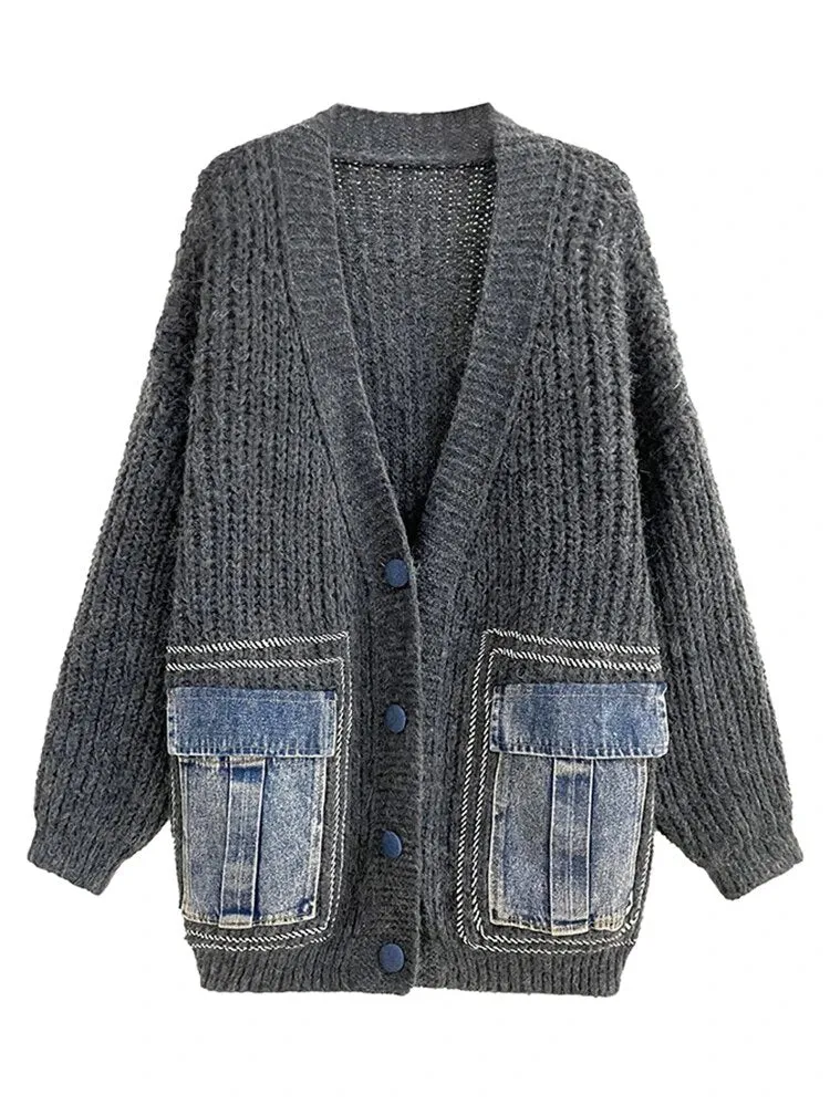 Colorblock Patchwork Denim Knitting Sweater For Women V Neck Long Sleeve Patchwork Button Casual Sweaters Female