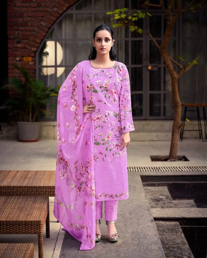 Cotton Linen Printed Purple Dress Materials with Chiffon Dupatta