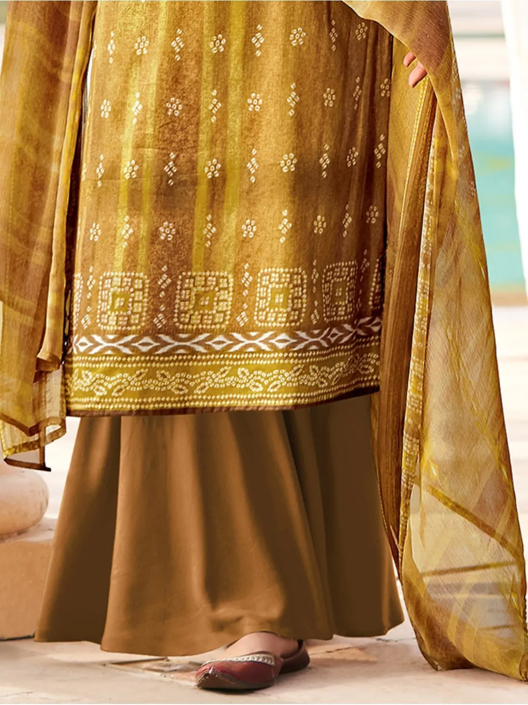 Cotton Printed Brown Un-Stitched Suit with chiffon Dupatta