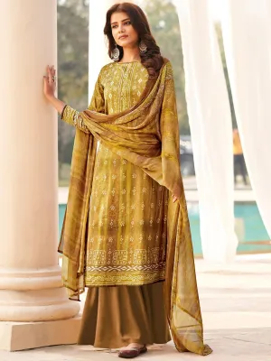 Cotton Printed Brown Un-Stitched Suit with chiffon Dupatta