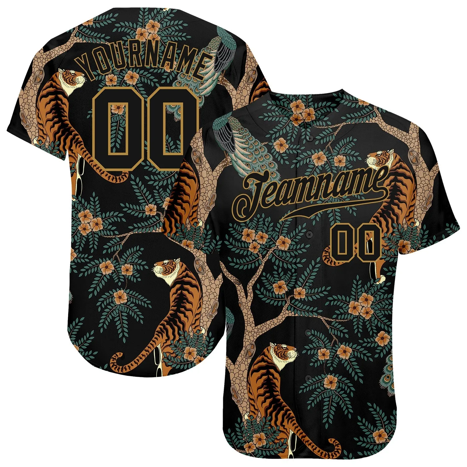 Custom Black Black-Old Gold 3D Pattern Design Tiger And Peacock Authentic Baseball Jersey