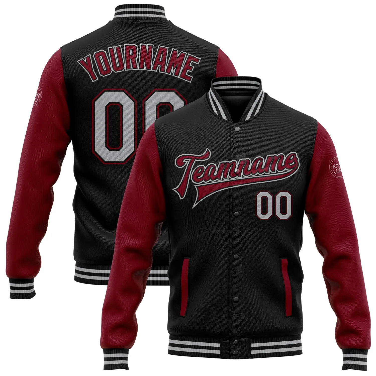 Custom Black Gray-Crimson Bomber Full-Snap Varsity Letterman Two Tone Jacket