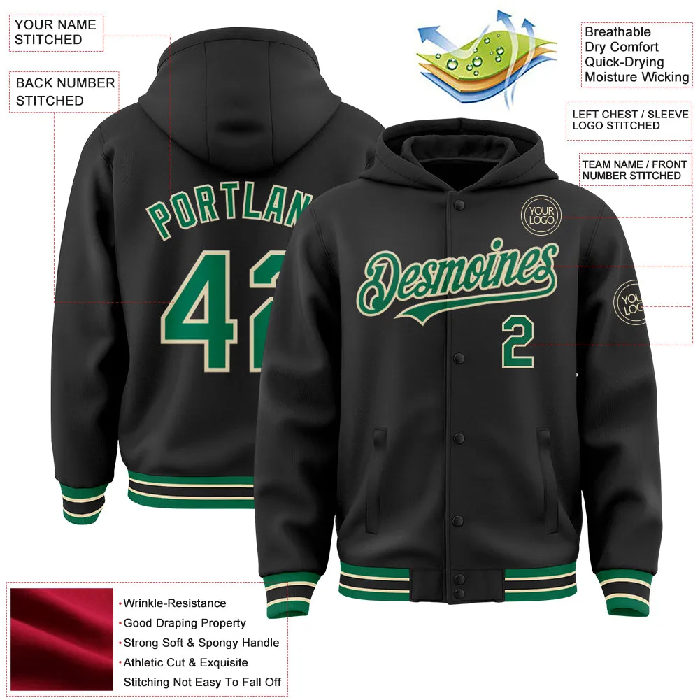 Custom Black Kelly Green-Cream Bomber Full-Snap Varsity Letterman Hoodie Jacket